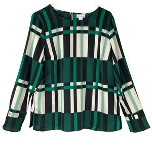 Liz Claiborne Green Plaid Blouse M Keyhole Crew Neck Long Sleeve Button Cuff NEW